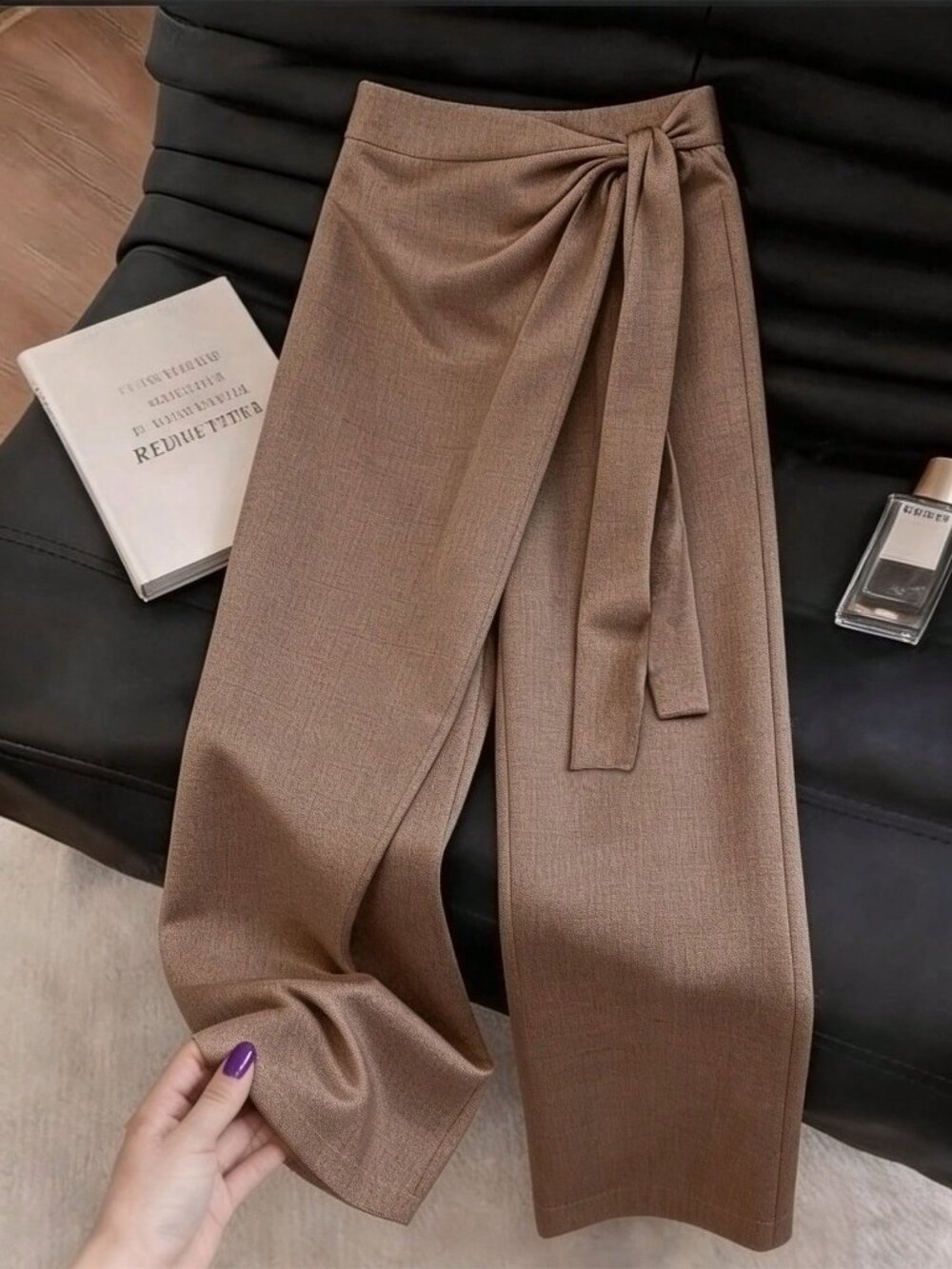 Brown Casual Elegant Women's High-Waist Wrap Wide-Leg Skort Pants - Picture 3 of 7